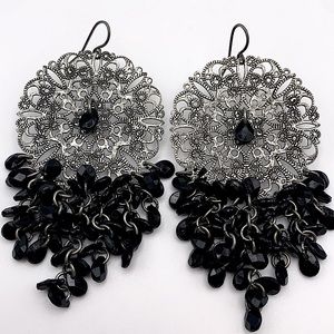 Silver and Jet Black Filigree Earrings NEW